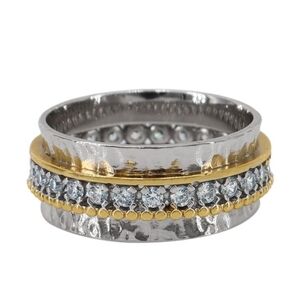 Hammered sterling silver 14k gold accent white sapphire eternity band ring
